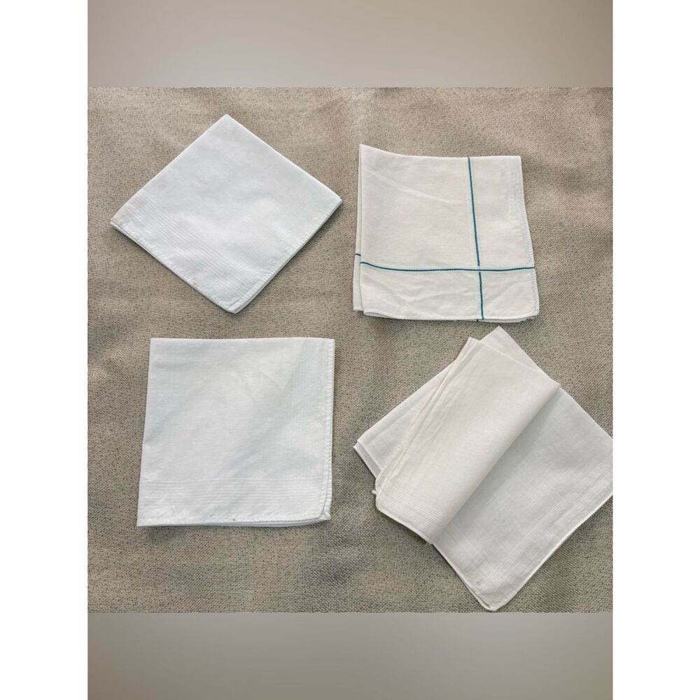 Lot of Four vintage men’s white handkerchiefs / hankies approx 11” sq.